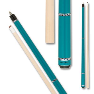 Action VAL39 Value Series Pool Cue - 58" Cue - Hard Maple Shaft with 13mm Boar Skin Tip - Glossy Teal with Black, Silver and Royal Blue Checkered Rings, 21oz