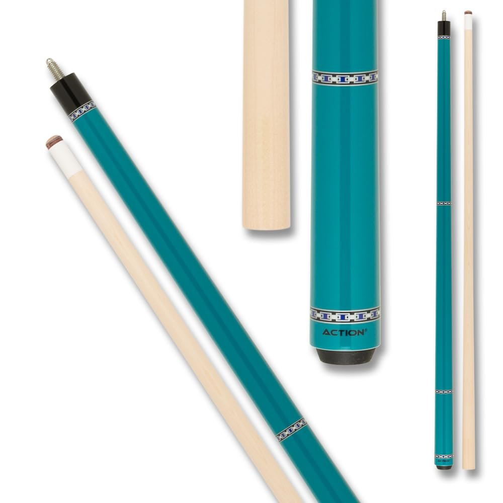 Action VAL39 Value Series Pool Cue - 58" Cue - Hard Maple Shaft with 13mm Boar Skin Tip - Glossy Teal with Black, Silver and Royal Blue Checkered Rings, 21oz