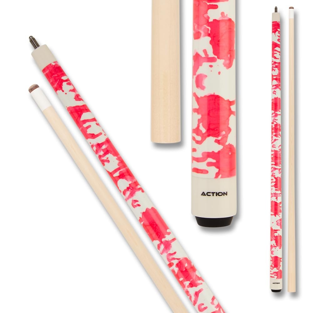 Action VAL36 Value Series Pool Cue - 58" Cue - Hard Maple Shaft with 13mm Boar Skin Tip - Gloss White with Hot Pink Splatter, 21oz