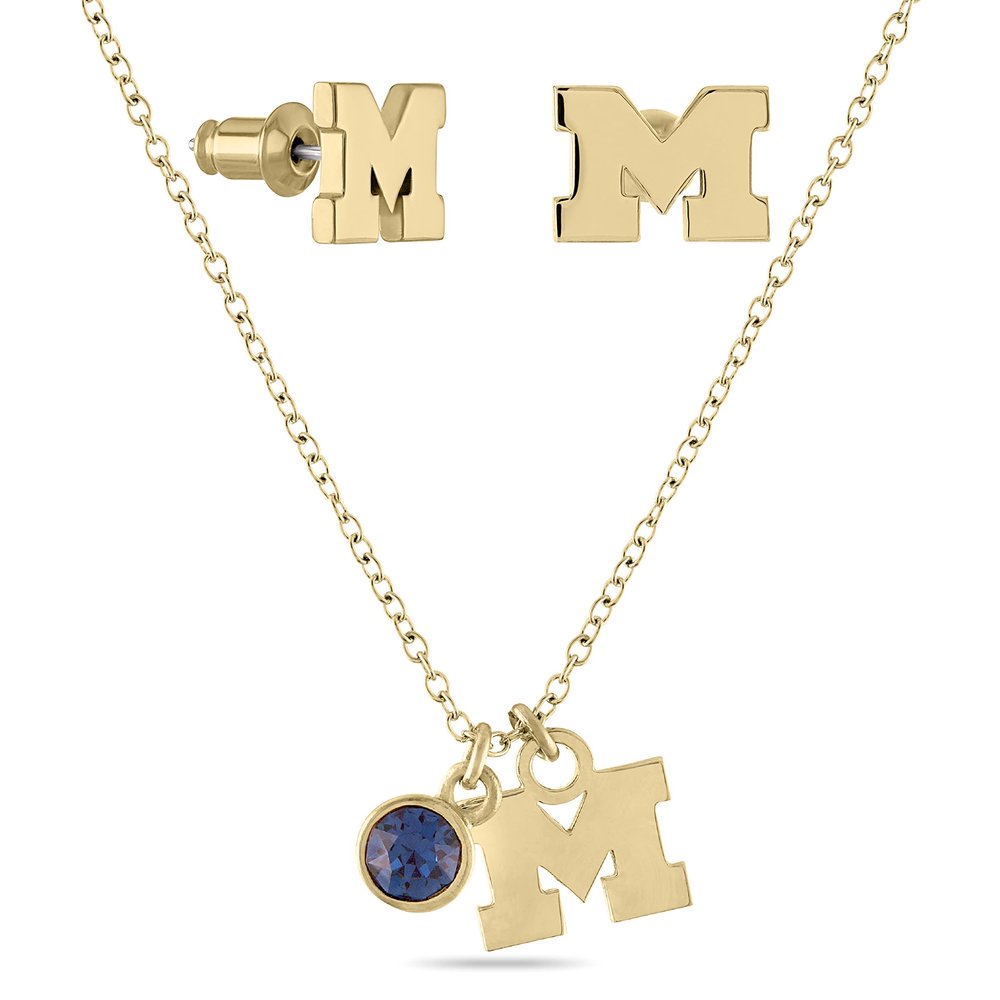 Block M Earrings and Necklace Set - Gold Plated Block M Stud Earrings and Crystal Necklace Set - Hypoallergenic Stainless Steel Jewelry - Michigan Gifts and University of Michigan Football Accessories