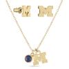 Block M Earrings and Necklace Set - Gold Plated Block M Stud Earrings and Crystal Necklace Set - Hypoallergenic Stainless Steel Jewelry - Michigan Gifts and University of Michigan Football Accessories view 1