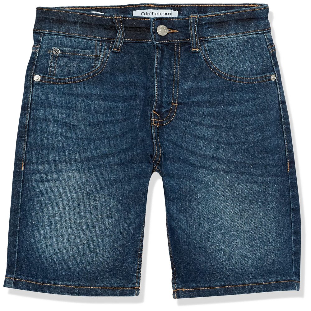 Calvin Klein Boys' Relaxed Fit Denim Shorts, 5-Pocket Style, Zipper Fly & Button Closure, Austin Dark, 4