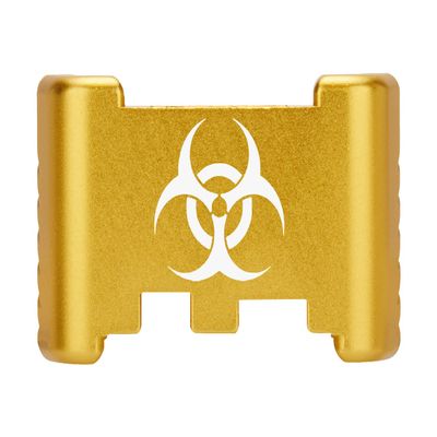 NDZ Performance Aluminum Slide Racker Back Plate for Glock 43 43X 48  Improved Slide Grip, Laser Engraved, Gold  Biohazard