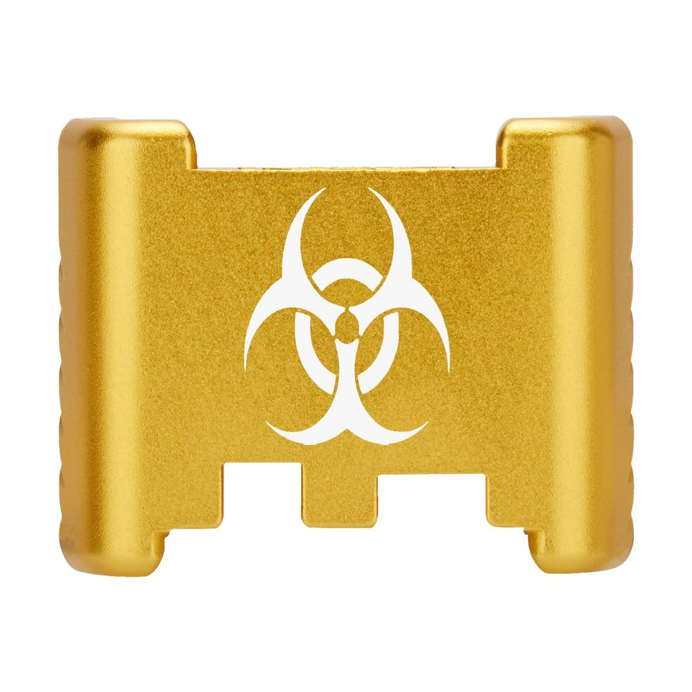 NDZ Performance Aluminum Slide Racker Back Plate for Glock 43 43X 48 Improved Slide Grip, Laser Engraved, Gold Biohazard
