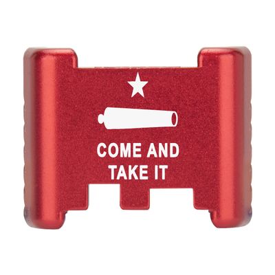 NDZ Performance Aluminum Slide Racker Back Plate for Glock 43 43X 48  Improved Slide Grip, Laser Engraved, Red  Come and Take It Cannon Text 2 Line