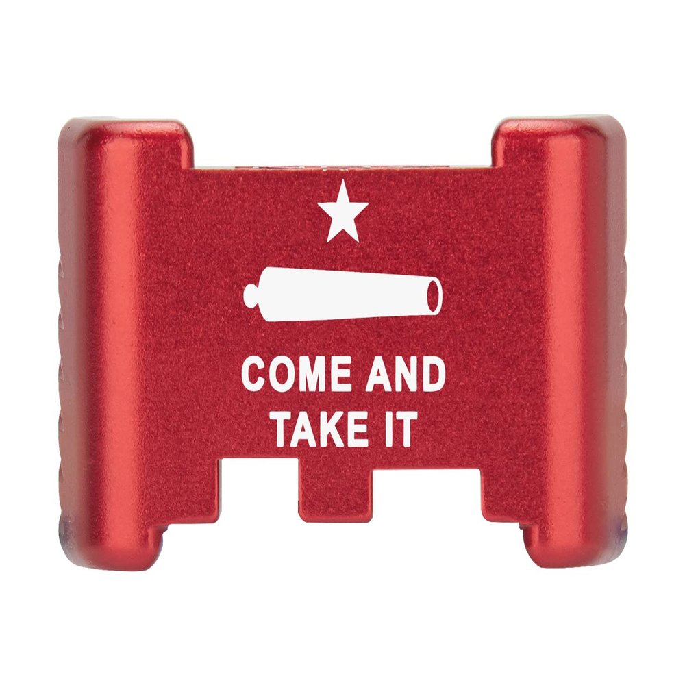 NDZ Performance Aluminum Slide Racker Back Plate for Glock 43 43X 48  Improved Slide Grip, Laser Engraved, Red  Come and Take It Cannon Text 2 Line