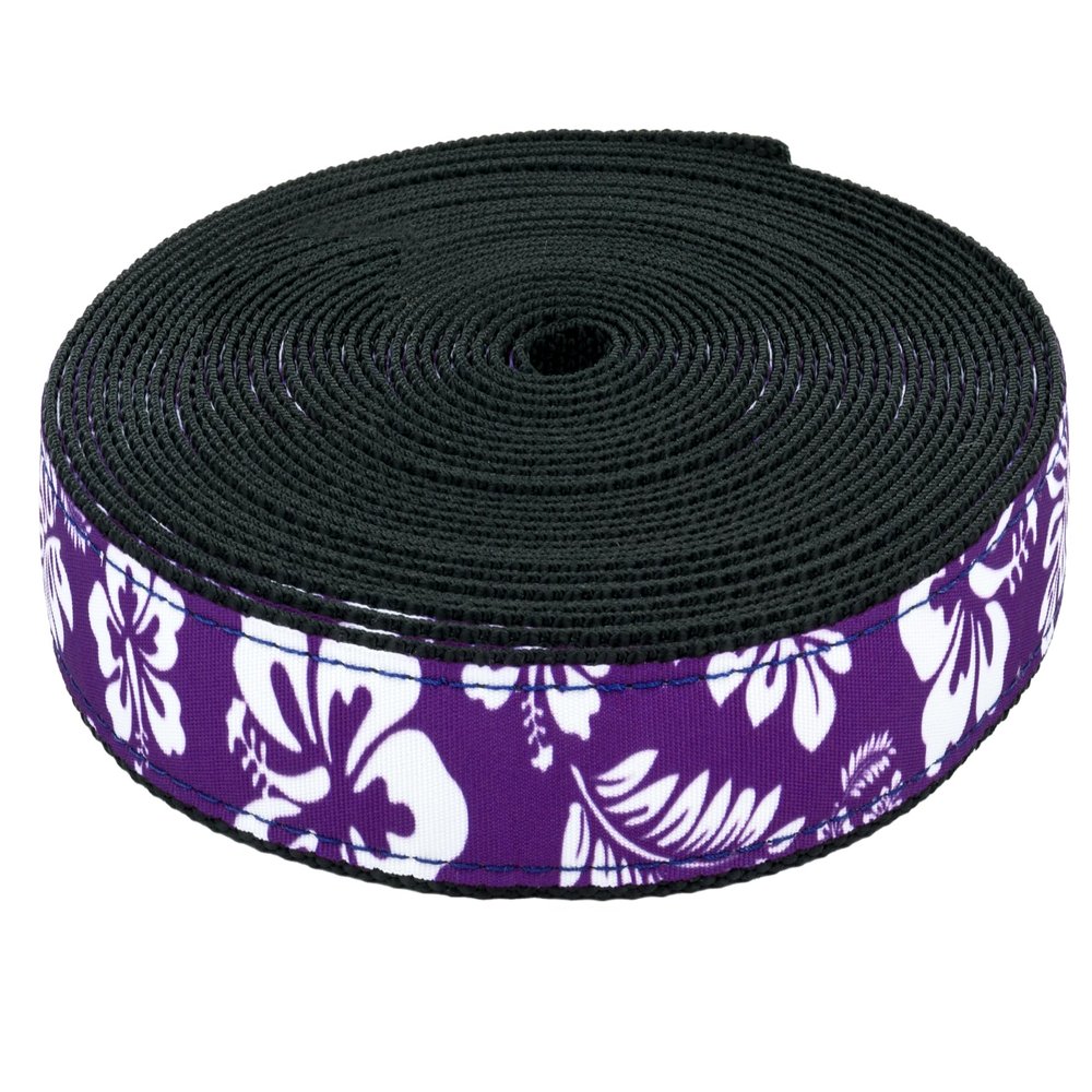 Country Brook Design - Purple Hawaiian on Black Nylon Webbing (3/4 Inch, 5 Yards)
