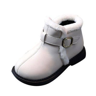 Fashion Autumn and Winter Girls Boots Flat Bottom Non Slip Short Plush Warm Solid Buckle Slippers for Toddler Girls (Beige, 3-3.5 Years Toddler)