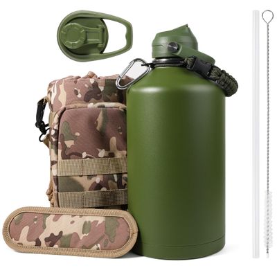 128 oz Insulated Water Bottle with Straw, Large One Gallon Stainless Steel Water Jug with Carrying Pouch, Keep Hot and Cold, 1 Gallon Water Bottle with Sleeve & Strap for Travel, Hiking & Camping