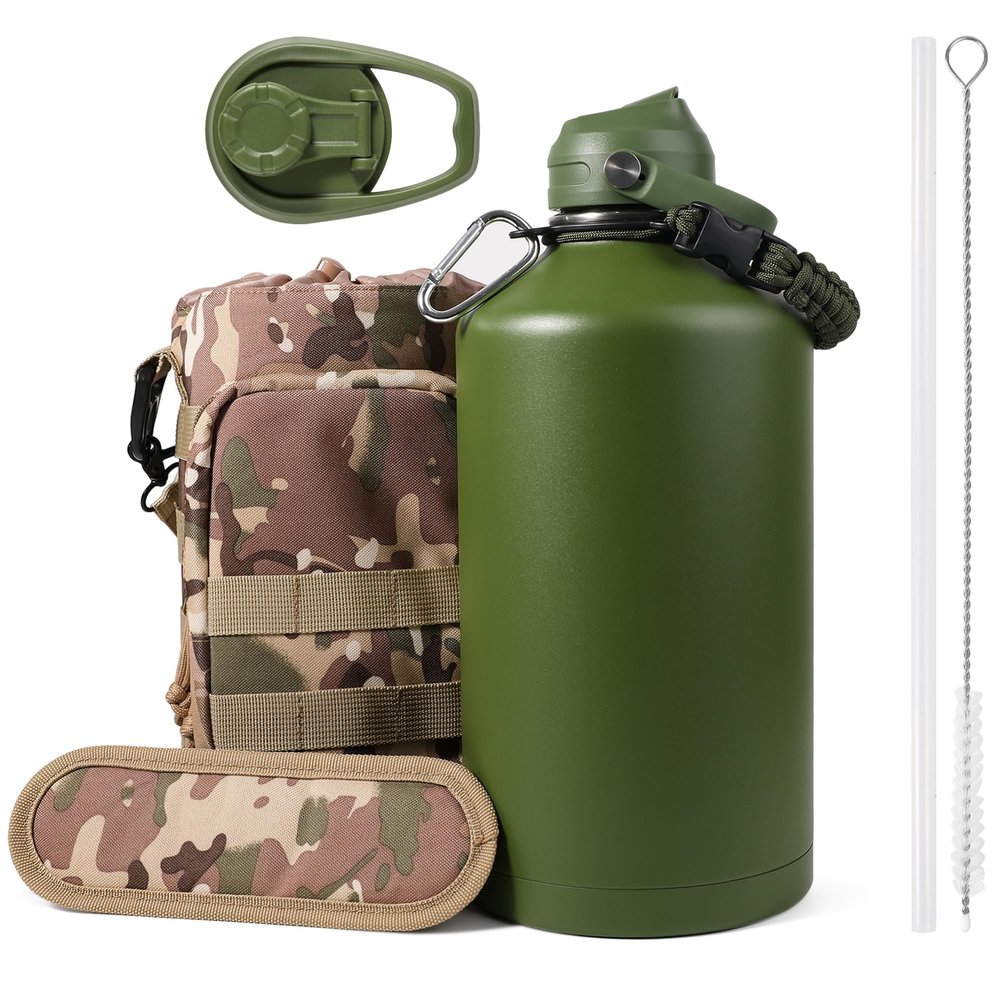 128 oz Insulated Water Bottle with Straw, Large One Gallon Stainless Steel Water Jug with Carrying Pouch, Keep Hot and Cold, 1 Gallon Water Bottle with Sleeve & Strap for Travel, Hiking & Camping