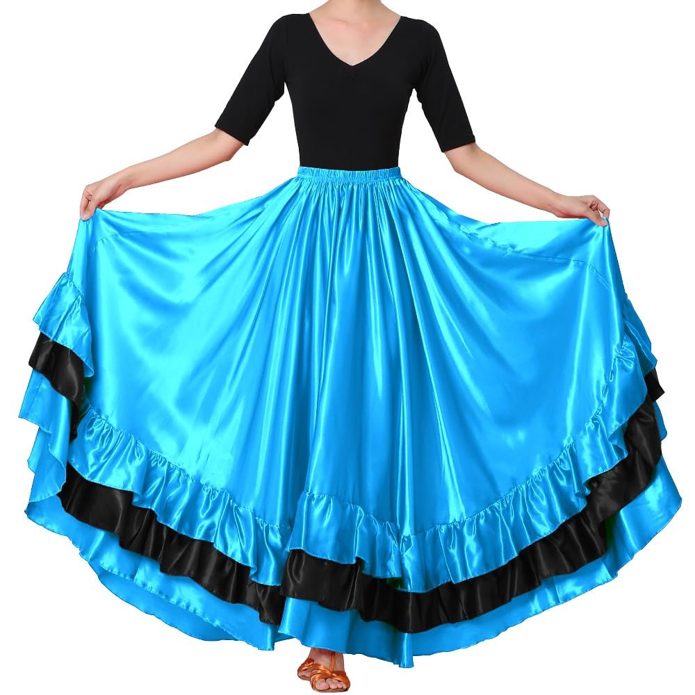 Backgarden Women Black Red Layers Satin Long Skirt for Spanish Flamenco Belly Dance Gypsy Mexico Ballet Folklorico Performance Costume (Lake Blue Theme)