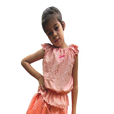 RaanPahMuang Brand Girls Light Cotton Lace Stitch Northern Thai Summer Shirt, Large, Coral Pink
