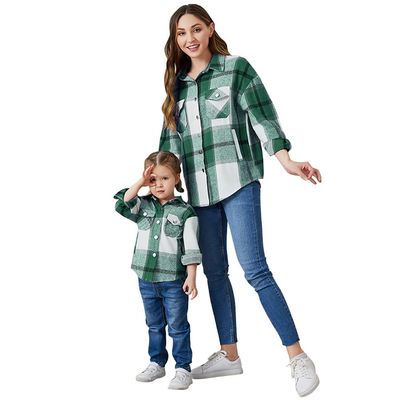Mommy and me Matching Outfits Women Girls Plaid Flannel Shirts Jacket Long Sleeve Lapel Button Down Shacket Coat Autumn Casual Top Mom Daughter Family Fall Winter Clothes Outwear Green Grey Small