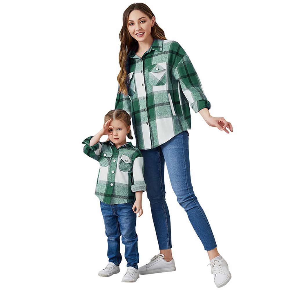 Mommy and me Matching Outfits Women Girls Plaid Flannel Shirts Jacket Long Sleeve Lapel Button Down Shacket Coat Autumn Casual Top Mom Daughter Family Fall Winter Clothes Outwear Green Grey Small