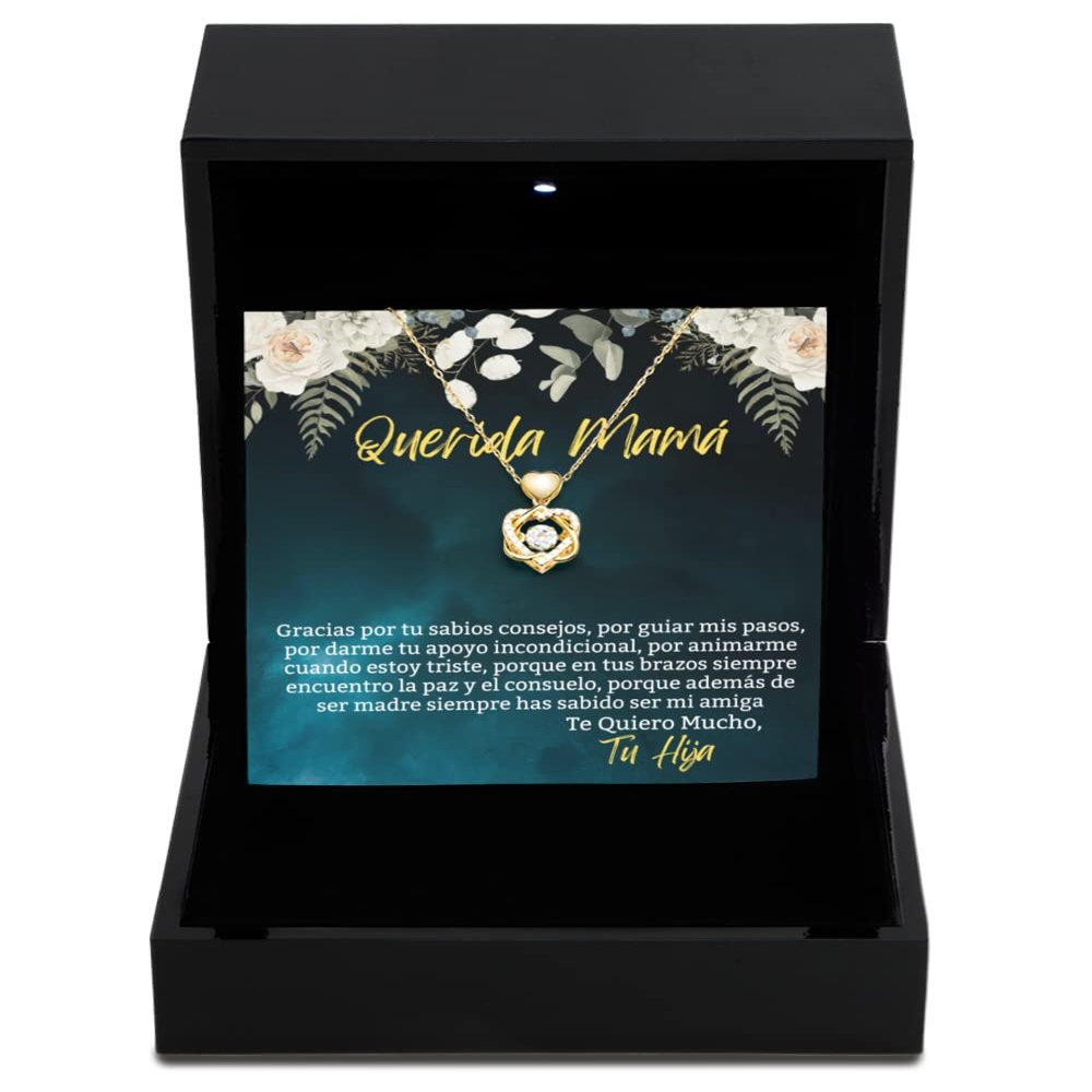 Heart Knot Gold Necklace Luxury Box Para mi querida mama, cadena de oro con diseo clsico de corazon y estilo moderno para novia, mujer, futura esp