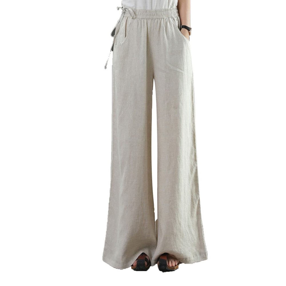 Maiyifu-GJ Women Casual Cotton Linen Baggy Pants Relaxed Fit Soft Comfy Wide Leg Trousers Drawstring High Waist Loose Pant (Apricot,XX-Large)