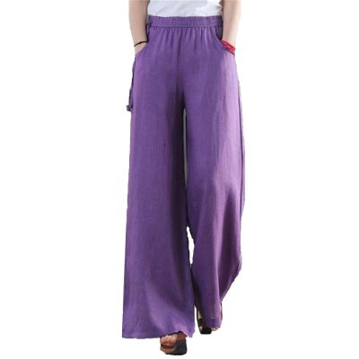 Women Casual Cotton Linen Baggy Pants Relaxed Fit Soft Comfy Wide Leg Trousers Drawstring High Waist Loose Pant (Purple,Large)