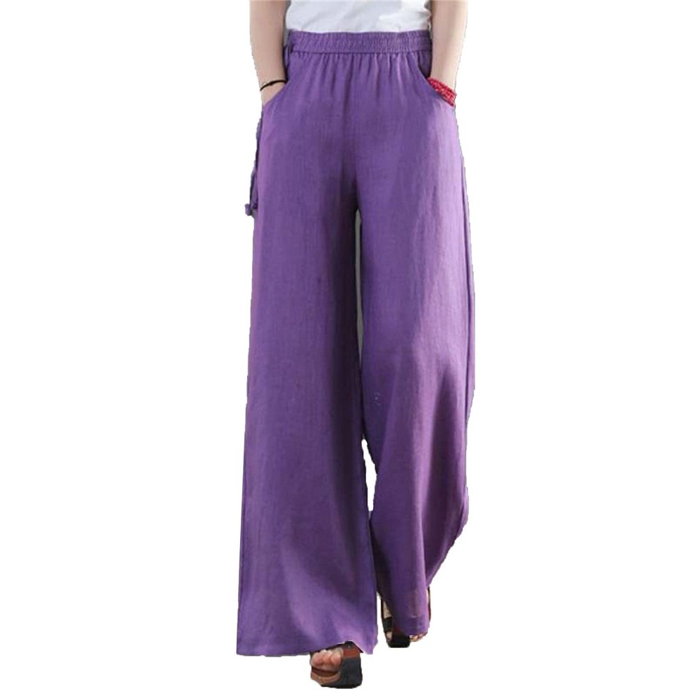 Women Casual Cotton Linen Baggy Pants Relaxed Fit Soft Comfy Wide Leg Trousers Drawstring High Waist Loose Pant (Purple,Large)