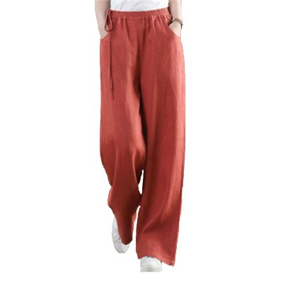 Maiyifu-GJ Women Casual Cotton Linen Baggy Pants Relaxed Fit Soft Comfy Wide Leg Trousers Drawstring High Waist Loose Pant (Orange,Medium)
