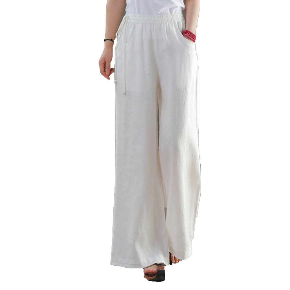 Maiyifu-GJ Women Casual Cotton Linen Baggy Pants Relaxed Fit Soft Comfy Wide Leg Trousers Drawstring High Waist Loose Pant (White,Medium)