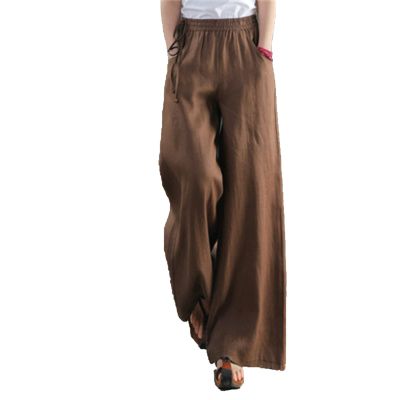 Maiyifu-GJ Women Casual Cotton Linen Baggy Pants Relaxed Fit Soft Comfy Wide Leg Trousers Drawstring High Waist Loose Pant (Brown 2,Medium)