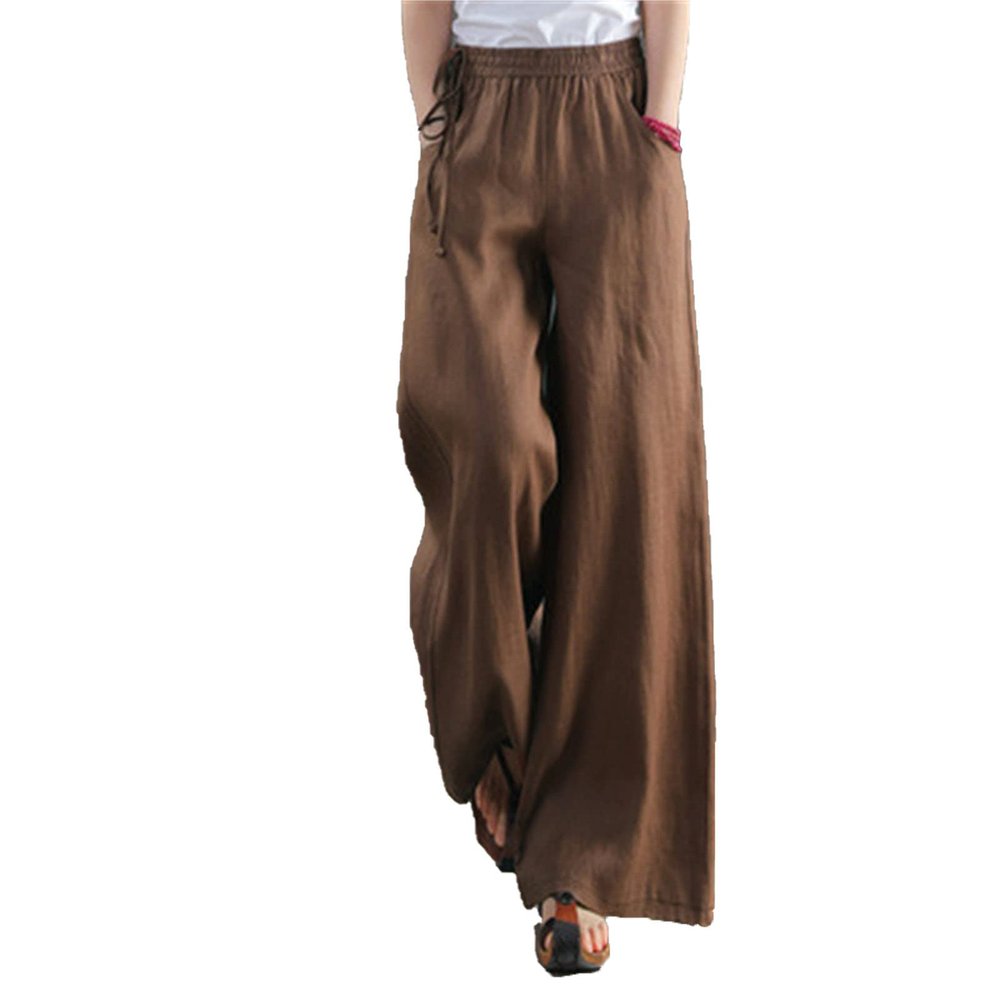 Maiyifu-GJ Women Casual Cotton Linen Baggy Pants Relaxed Fit Soft Comfy Wide Leg Trousers Drawstring High Waist Loose Pant (Brown 2,Medium)