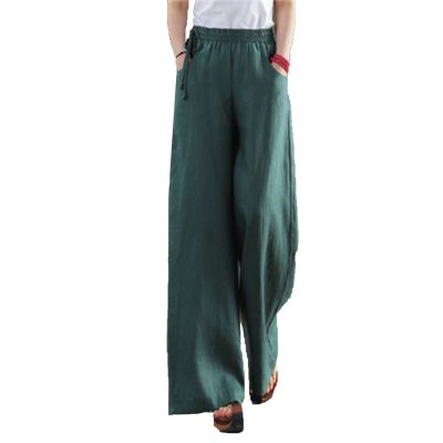 Maiyifu-GJ Women Casual Cotton Linen Baggy Pants Relaxed Fit Soft Comfy Wide Leg Trousers Drawstring High Waist Loose Pant (Green,Small)