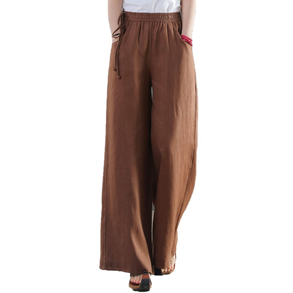 Maiyifu-GJ Women Casual Cotton Linen Baggy Pants Relaxed Fit Soft Comfy Wide Leg Trousers Drawstring High Waist Loose Pant (Brown 1,Large)