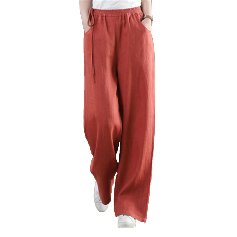 Maiyifu-GJ Women Casual Cotton Linen Baggy Pants Relaxed Fit Soft Comfy Wide Leg Trousers Drawstring High Waist Loose Pant (Orange,X-Large)
