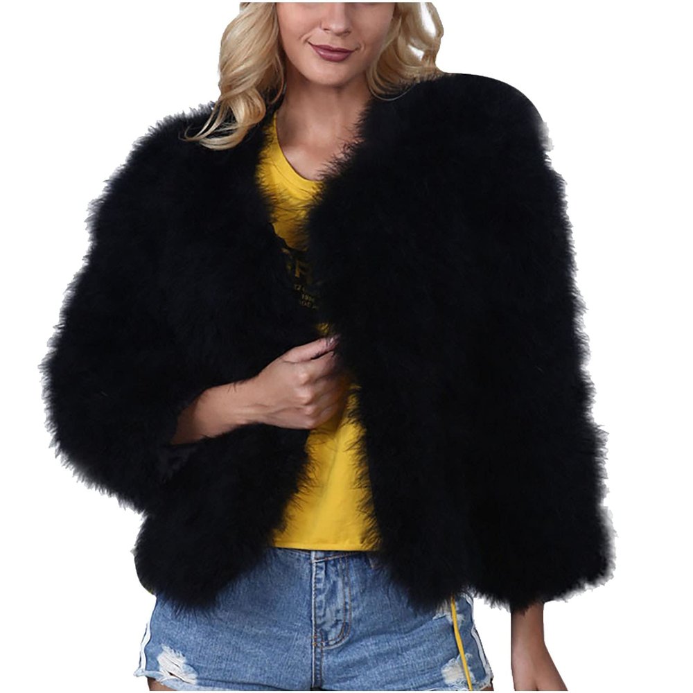 HINDOLA Womens Luxury Jacket Winter Warm Fluffy Faux Fur Short Coat Hooded Parka Outwear