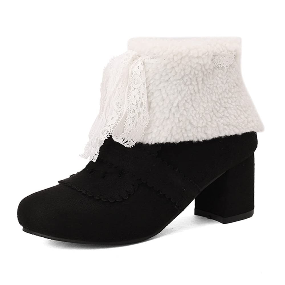 LIPIJIXI Fashion Winter Brogue Boots for women Low Heel Winter Booties Side Zipper Suede Warm Boots Chunky Heel Riband Faux Fur Boots Black size 39