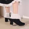LIPIJIXI Fashion Winter Brogue Boots for women Low Heel Winter Booties Side Zipper Suede Warm Boots Chunky Heel Riband Faux Fur Boots Black size 35 view 4