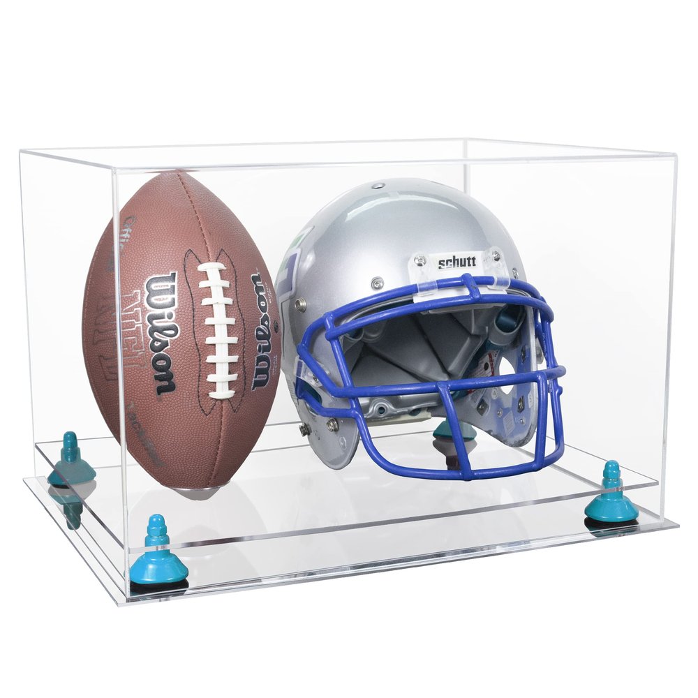 Better Display Cases Acrylic Football and Football Helmet Display Case - Large Rectangle Box with Clear Case with, Light Blue Risers and Clear Base 18" x 14" x 12" (A014/B60)