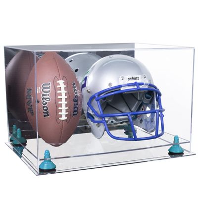 Better Display Cases Acrylic Football and Football Helmet Display Case - Large Rectangle Box with Mirror, Light Blue Risers and Clear Base 18" x 14" x 12" (A014/B60)