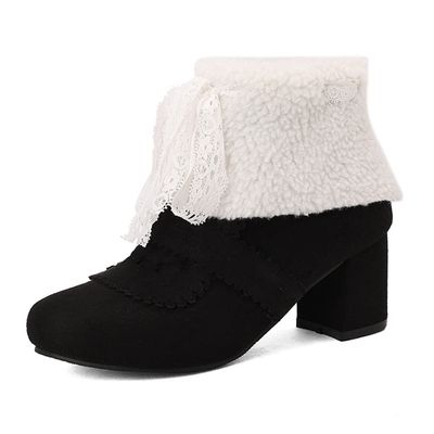 LIPIJIXI Fashion Winter Brogue Boots for women Low Heel Winter Booties Side Zipper Suede Warm Boots Chunky Heel Riband Faux Fur Boots Black size 38