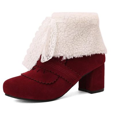 LIPIJIXI Fashion Winter Brogue Boots for women Low Heel Winter Booties Side Zipper Suede Warm Boots Chunky Heel Riband Faux Fur Boots Red size 36