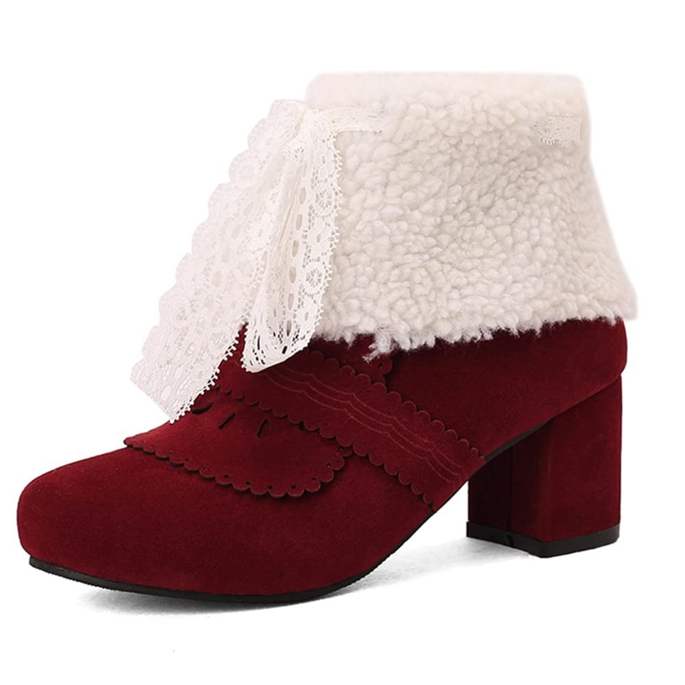 LIPIJIXI Fashion Winter Brogue Boots for women Low Heel Winter Booties Side Zipper Suede Warm Boots Chunky Heel Riband Faux Fur Boots Red size 36