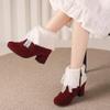 LIPIJIXI Fashion Winter Brogue Boots for women Low Heel Winter Booties Side Zipper Suede Warm Boots Chunky Heel Riband Faux Fur Boots Red size 36 view 3