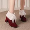 LIPIJIXI Fashion Winter Brogue Boots for women Low Heel Winter Booties Side Zipper Suede Warm Boots Chunky Heel Riband Faux Fur Boots Red size 36 view 4