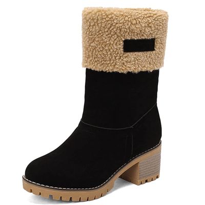 LIPIJIXI Low Heel Winter Boots for Women Side Zipper Suede Warm Boots Chunky Heel Snow Boots Waterproof Round Toe Snow Combat Boots Black size 36