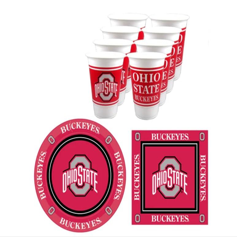 Ohio State Buckeyes Party Supplies 48 Pieces Officially Licensed University Set: 16 oz. Plastic Beverage Cups, 9" Paper Plates, Luncheon Napkins, Complete Party Supplies 16 Guests by Westrick