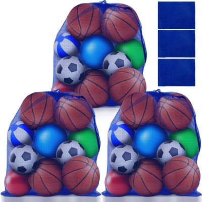 Woanger 3 Pcs Thickened Extra Large Sports Ball Bag Mesh Soccer Net Ball Bag Drawstring Bags Team Work for Holding Basketball, Volleyball, Baseball with Shoulder Strap, 35.4 x 27.5 Inch(Royal Blue)