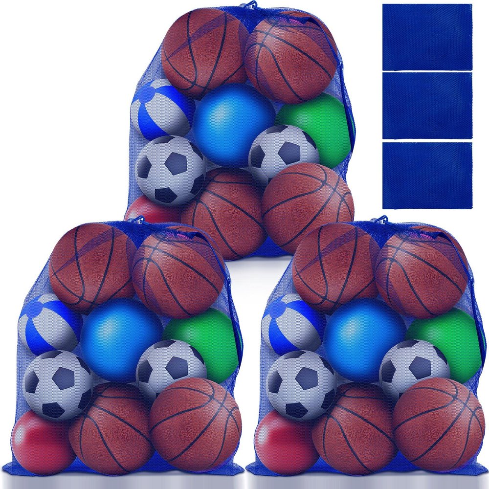 Woanger 3 Pcs Thickened Extra Large Sports Ball Bag Mesh Soccer Net Ball Bag Drawstring Bags Team Work for Holding Basketball, Volleyball, Baseball with Shoulder Strap, 35.4 x 27.5 Inch(Royal Blue)