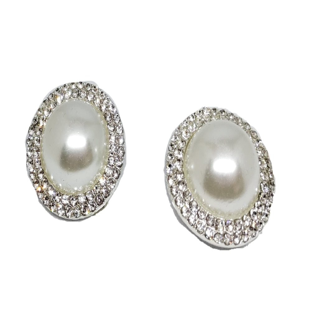 Clip On Earrings For Women | Pearl and Rhinestone Non Pierced Statement Earrings (Silver)