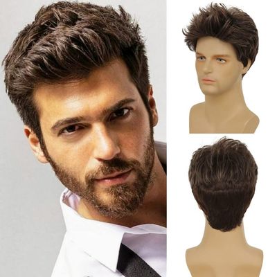 Dai Cloud Mens Short Brown Wig Short Fluffy Hair Natural Looking Synthetic Halloween Cosplay Costume Male Wigs