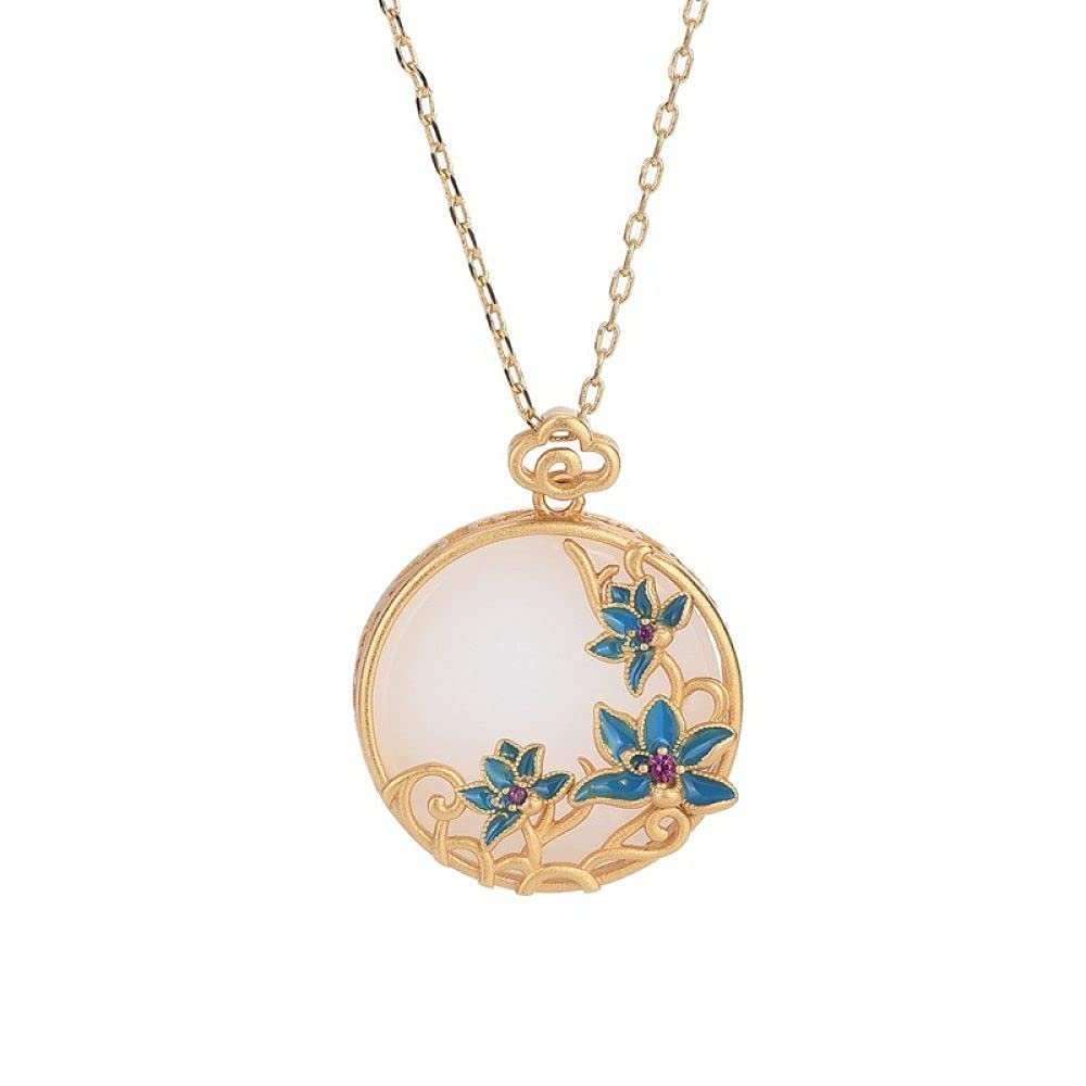 LIBERGA Gold Plated Necklace for Women,Imitation Jade Cloisonne Flower Pendant Necklace Vintage Jewellery Accessories with Necklace Box