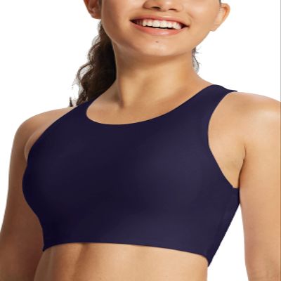 baleaf Women's Swim Bra Tops Modest High Neck Push Up Crop Tank Bikini Top Athletic Sports Swimsuits Bathing Suit Under Rash Guard Dark Blue 40