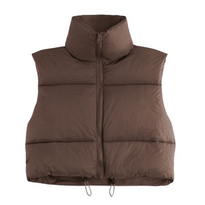 Century Star Brown Puffer Vest Women Girls - Cropped Fall Winter Outerwear Puffy 2025 Quilted Top Jacket Coat Gilet Sleeveless Zip Small