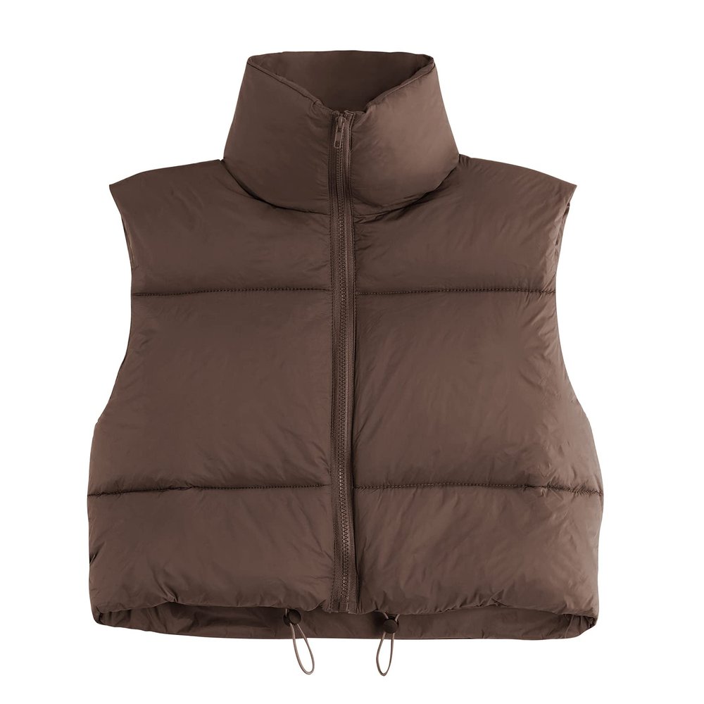 Century Star Brown Puffer Vest Women Girls - Cropped Fall Winter Outerwear Puffy 2025 Quilted Top Jacket Coat Gilet Sleeveless Zip Small