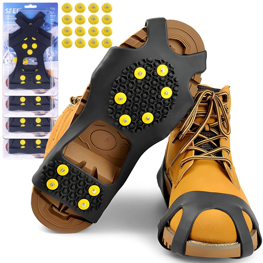 Sfee 4 Pairs Ice Cleats for Boots Shoes, Snow Grips Cleats for Ice and Snow Anti-Slip Rubber Traction Cleats for Walking on Snow and Ice 10 Steel Studs Crampons for Hiking, Walking, Climbing, Jogging